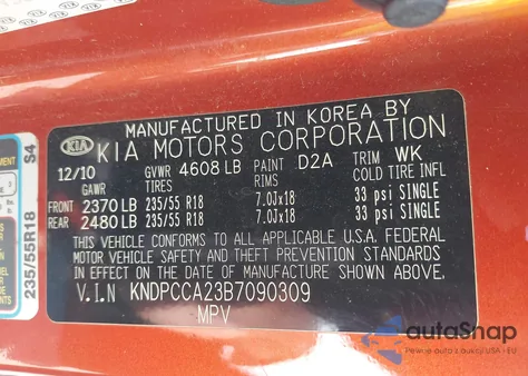 2011 Kia Sportage Ex from USA, damaged, VIN KNDPCCA23B7090309